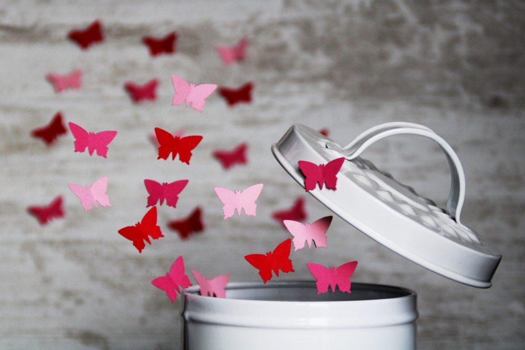 butterflies flying away from an open canister
